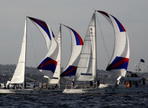 A three-boat photo finish from back in the pack - Harbor Cup Day 2 © Rich Roberts http://www.UnderTheSunPhotos.com